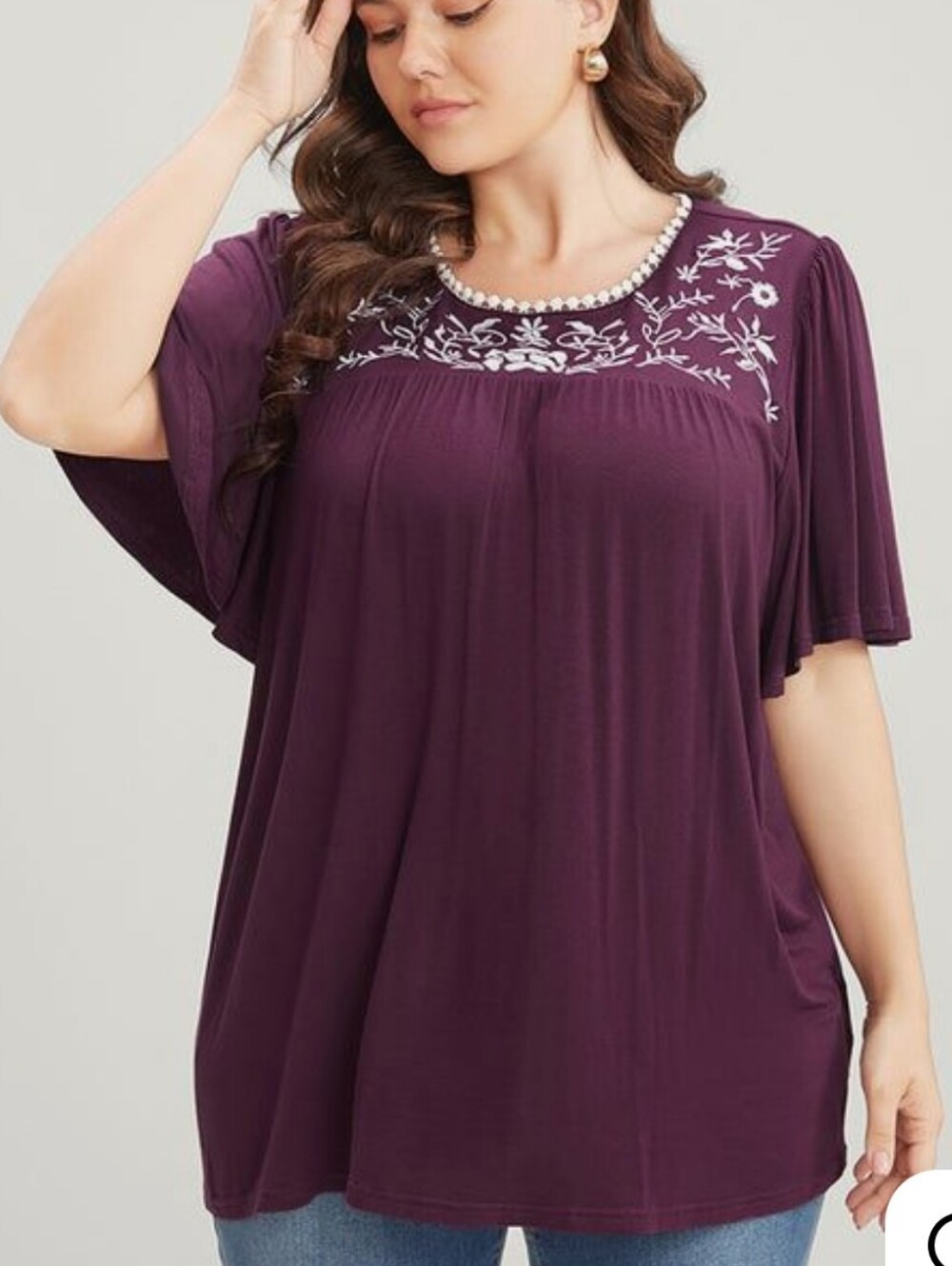 Bloomchic Embroidered Plus-Size Flutter Sleeve Top in Deep Plum